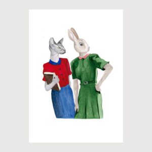 cat and rabbit in school illustration by karina krumina
