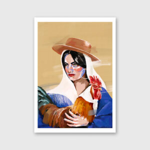 Ilustração de uma mulher a segurar um galo por Marita