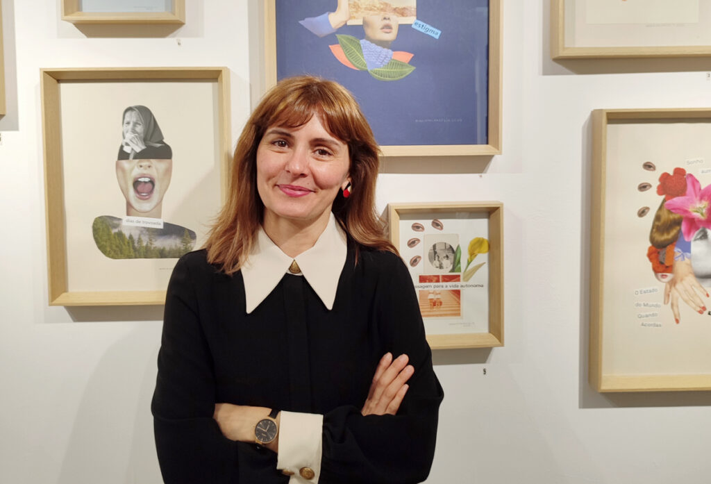 the artist maria melancolia in front of her art exhbition