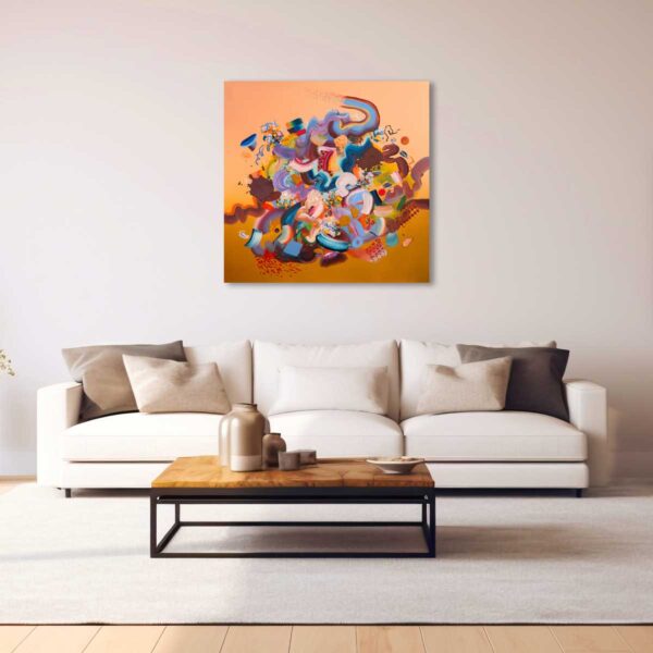 Colourful abstract painting by Sara Atrouni on a living room.